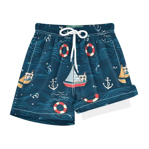 YANENDIE Boy Swim Trunks with Compression Liner Colorful Boats Boys Swim Shorts Quick Dry Beach Shorts
