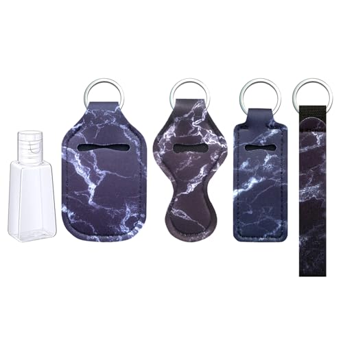 Image of Print Lip Balm Holder Keychain Set - 5PCS Lipstick Case with Key Ring, Stylish Neoprene Lip Gloss Holder for Women, On-The-Go Cosmetic Organizer (A)