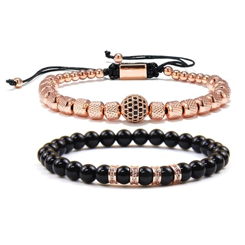 Mens Beaded Bracelets - 6mm Obsidian Bracelet Set for Couples - Adjustable Stainless Steel Bracelets with Cubic Zirconia Beads - Mens Jewelry for Him