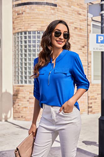 Acevog Women's Zip Front V Neck 3/4 Cuffed Sleeve Tunic Casual Flowy Soft Top Shirts Work Blouses For Women Blue #TOP2
