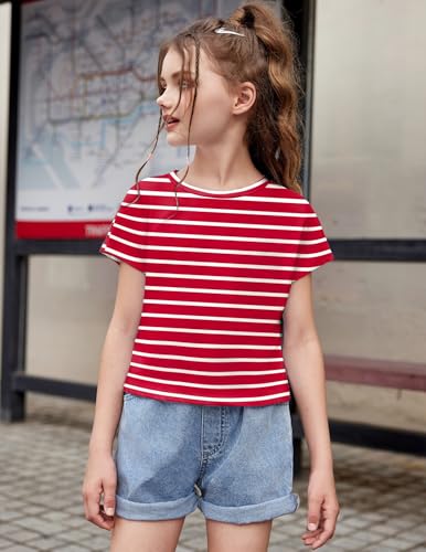 Image of Arshiner Girls Shirt Crop Tops Short Sleeve Summer Drop Shoulder Batwing Sleeve Crewneck Loose T Shirt Tee