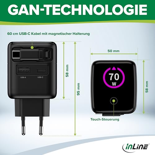 Inline Ładowarka USB C i USB A, 70 W, z wyciąganym kablem, GaN zasilacz z wyświetlaczem, Power Delivery & Quick Charge, czarna, 31507R