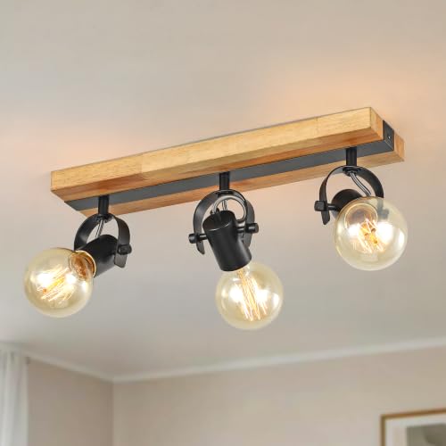 Image of 3‑Light Track Ceiling Light, Industrial Wood Spot Light Fixture, Adjustable Direction Ceiling Spotlight, Vintage Metal & Wood Ceiling Lamp for Kitchen E26 Base (Bulbs Not Included)