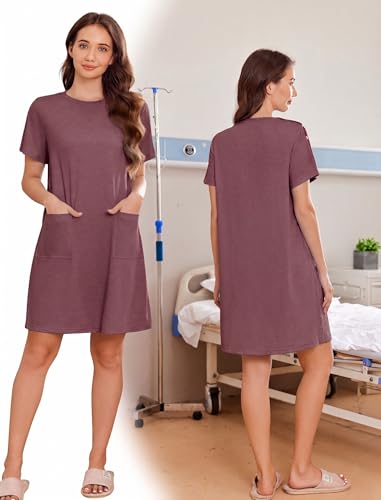 Image of Deyeek Women's Post Shoulder Surgery Hospital Gowns Tear Away Short Sleeve Full Open Side Snap Adaptive Clothing Nightgowns