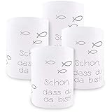 Windlicht Fisch Deko, 8 Stück Mini Tischlichter Kerzen Deko als Tischdeko für Junge und Mädchen Kommunion Konfirmation Taufe Teelichter I Schön DASS du da bist I ca. 8,0 x 10,0 cm (Grau)