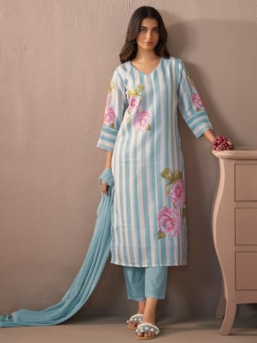 Image of INDO ERA Women's Straight Linen Floral Print with Beads Work Kurta Pant with Dupatta Set (IEOUT9824)