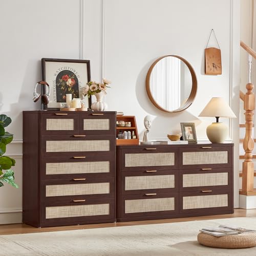 Image of LEYAOYAO Rattan Dresser for Bedroom Set of 2, 41 inch Tall Chest of Drawers, Modern 6 Drawers Boho Dressers with Storage, Vintage Brown Dresser Wooden Closet Organizer for Living Room, Hallway