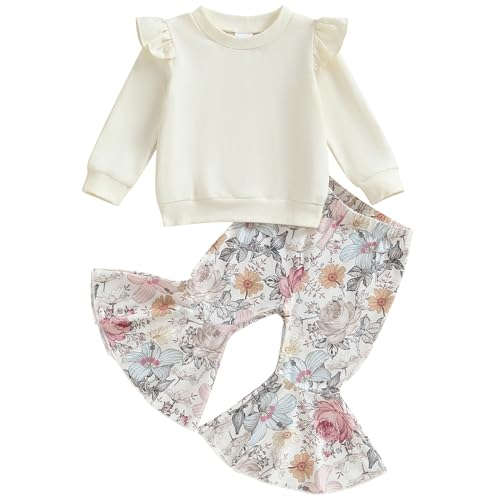 Image of Mubineo Toddler Baby Girl Clothes Cute Outfits Long Sleeve Sweatshirt Tops Floral Bell Bottom Pant Fall Winter Outfit (Beige Flower, 12-18 Months)