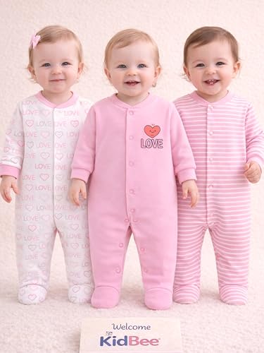 Image of Kidbee Baby Boys & Girls Full Sleeves Cotton Footed Romper Sleepsuit Pack of 3