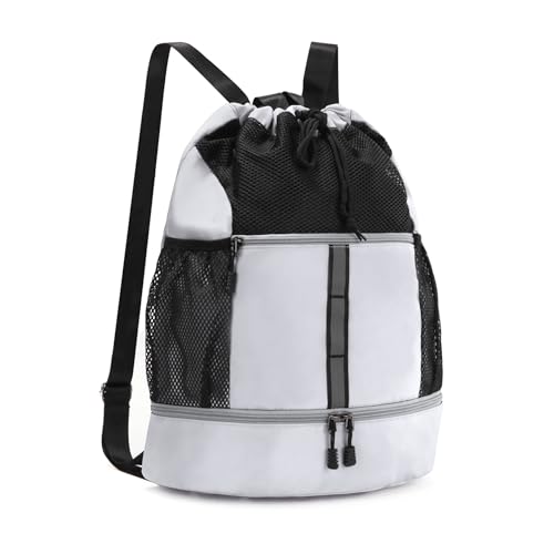 Valleycomfy Drawstring Gym Bag Sports Backpack With Shoe Compartment and Reflective Strips White