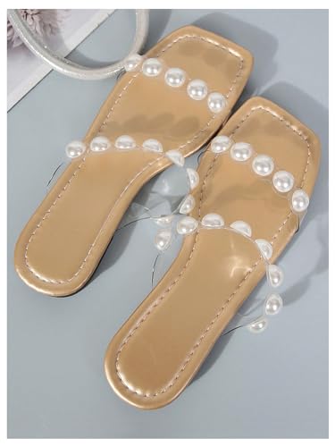 GORGLITTER Women's Pearl Clear Sandals Two Strap Summer Square Toe Slides Sandals3