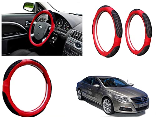 Image of Microfiber Car Steering Wheel Cover, Soft Padding Great Hand Feel, Anti-Slip, Faux Leather Steering Cover for Volkswagen Passat | Black Red Jali - Pack of 1