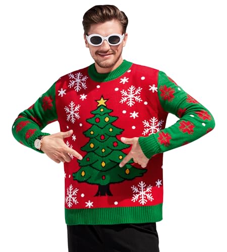 Image of Mainfini Men's Christmas Sweater Ugly Xmas Tree Round Neck Pullover Elastic Party Red Green Snowflake Jumpers S