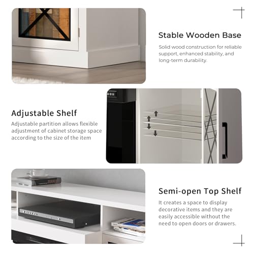 Image of BREEZEHEAT Fireplace TV Stand for TVs up to 75 inch, 3-Sided Electric Entertainment Center with 30 inch LED Fireplace, Media Console w /Storage Cabinet & Glass Doors, 65Inch, White