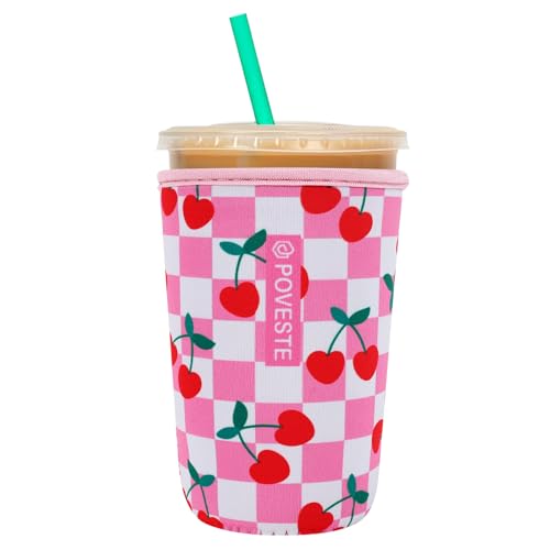 Image of Reusable Neoprene Insulator Sleeve for Iced Coffee & Cold Soda, Coffee Sleeves for Iced & Hot Drinks, Cold Beverage Cooler Compatible with Starbucks, Dunkin (Pink Checkerboard&Cherry, Medium: 22-24oz)