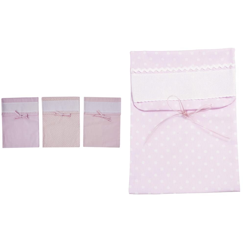 FILET - Set di Tre Sacchetti Porta Corredino con Fascia in Tela Aida da Ricamare, Realizzati in Piquet di Cotone Colorato, Rosa & Sacchetto Porta Corredino XL in Tessuto, Rosa