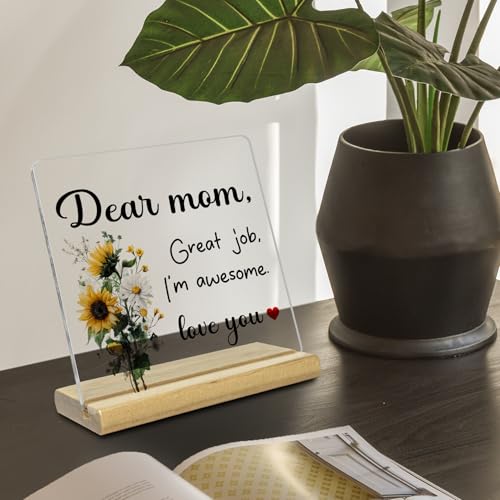 Mother's Day Gifts from Son Daughter,Dear Mom Sunflower Acrylic Desk Decor Sign,Mom Birthday Gifts