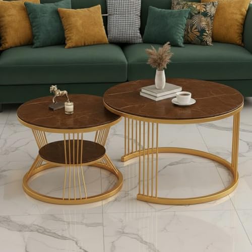 Image of Modern Nested Coffee Table Set of 2 | Round Marble Finish Tabletop with Metal Base | Luxury Center Table for Living Room, Lounge & Office (Gold Brown)