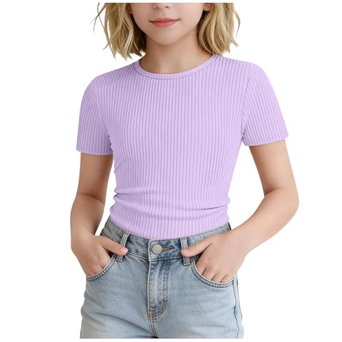 CGGMVCG Camiseta acanalada de manga corta para niñas, cuello redondo, lisa, básica, casual, elástica, para verano, escuela, capa base, Morado (, 7-8 años