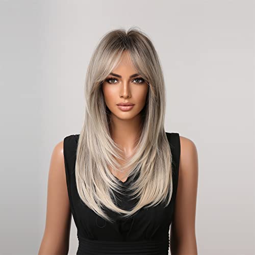 Fenspeed 24Inch Long Ombre Blonde Wig with Bangs for Women Long Straight Blonde Wig Layered Synthetic Natural Heat Resistant Fiber Wigs for Party