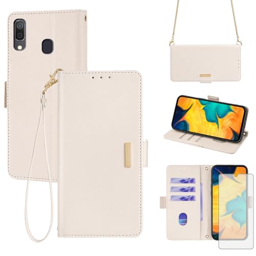 Asuwish Phone Case for Samsung Galaxy A20 A30 Wallet Cover with Tempered Glass Screen Protector and RFID Blocking Wrist Strap Flip Credit Card Holder Stand Cell M10s A 30 20A SM A205G Women Men White