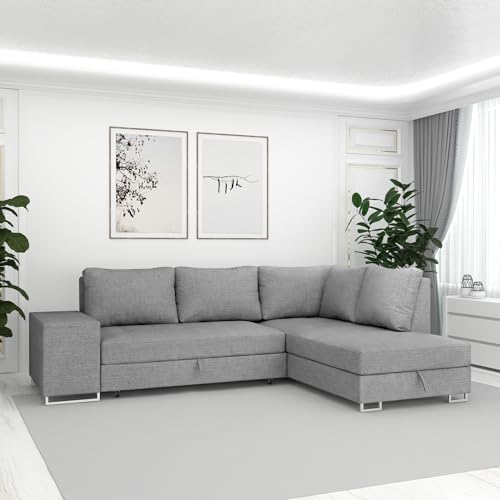 DAKO® Right-Hand Corner Sofa Bed MARTHA – 3-Seater with Pull-Out Sleeping Function & Storage – Fabric L-Shaped Sofa – 2 Colour Options (Grey)