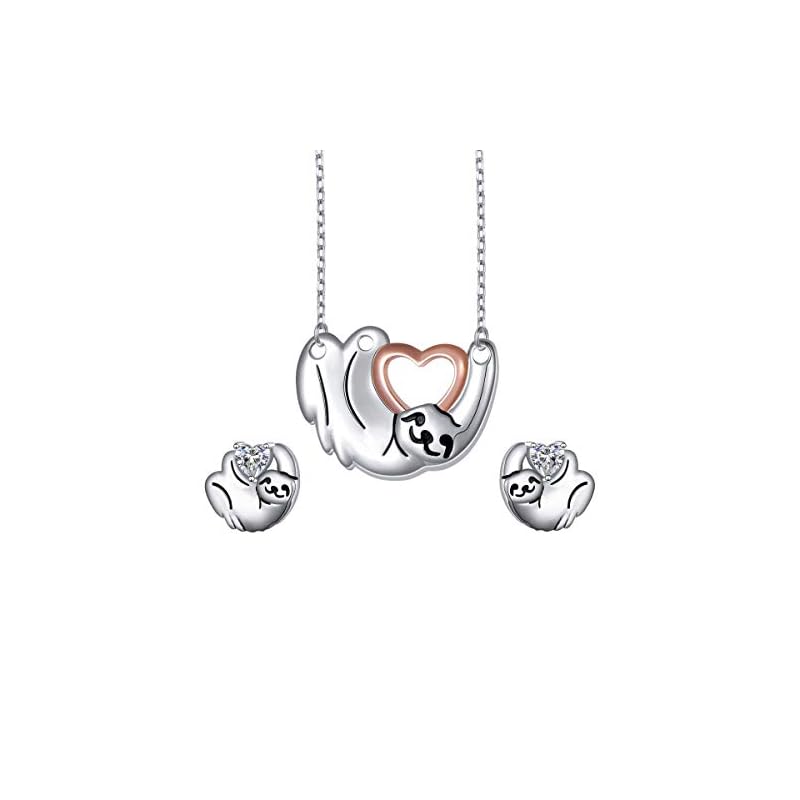 925 Sterling Silver Cute Animal Sloth Heart Stud Earrings and Necklace Set