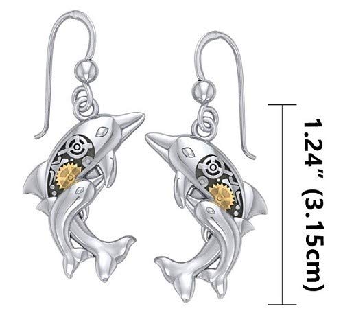 Lange Delphin Ohrringe mit Baby mit 14 Karat Gold