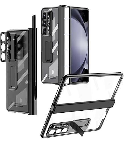Miimall Kompatibel mit Samsung Galaxy Z Fold 5 Hülle mit Stift+Stifthalter [Dual Scharnierschutz] [HD Bildschirmschutz] Kratzfest Stoßfest Handyhülle mit Ständer für Galaxy Z Fold 5-Schwarz