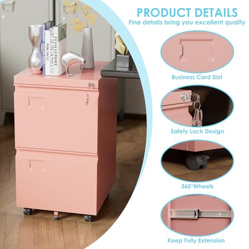 Image of Aobabo Rolling File Cabinet with Lock,2 Drawer Metal Filing Cabinet for Home Office & Under Desk, Heavy-Duty Mobile Storage with 5 Wheels (Anti-Tilt), Fits Letter /Legal,Pink,Required Assembly