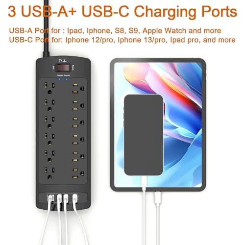 Image of Surge Protector Power Strip, Nuetsa 12 Outlets and 4 USB Ports, 6 Feet Extension Cord for Home, Office, Dorm Essentials, 2700 Joules, ETL Listed, Black
