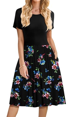 Image of DB MOON Women Summer Casual Short Sleeve Dresses Empire Waist Dress with Pockets