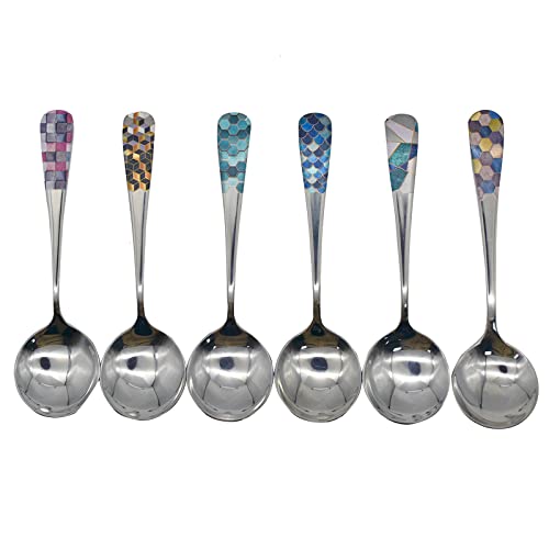 Pinenjoy 6Pcs Round Head Soup Spoons With Fashion Printing Pattern 6.22Inch Tablespoon 18/10(304) Stainless Steel Korean Spoons For Rice Dessert Tea Coffe Bouillon #TOP1