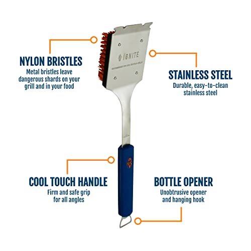 Ignite Stainless Steel Cool Grill Brush | Durable & Effective With Safe Nylon Grill Bristles | No Risk Of Broken Wire Bristles | Safe For Porcelain, Ceramic, Steel, & Iron Grates | Best Grill Cleaner #TOP1