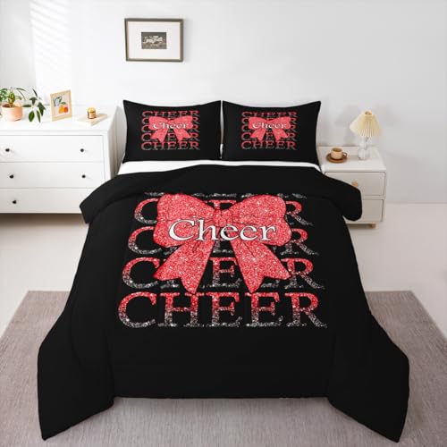 Image of Feelyou Cheer Bow Comforter Set All Season Cheerleader Bedding Set with 1 Pillow Cases Funny Sport Microfiber Kids Toddler Bedclothes Red Bedroom Decor Duvet Quilt Breathable Soft Lightweight