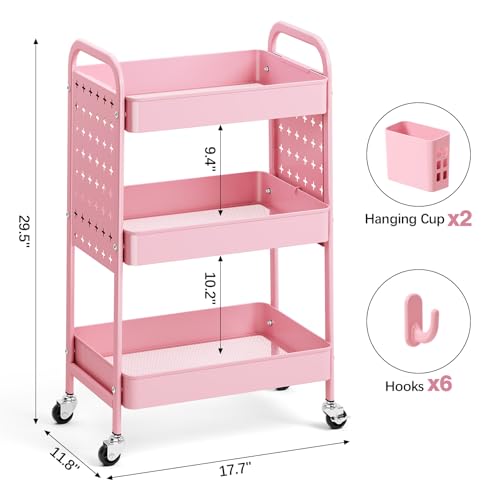 Image of KINGRACK 3 Tier Rolling Cart with DIY Pegboard, Metal Utility Cart with Wheels, Hooks & Baskets, Sturdy Storage Organizer for Craft, Bathroom, Kitchen, Office, Nursery, Classroom(Pink)