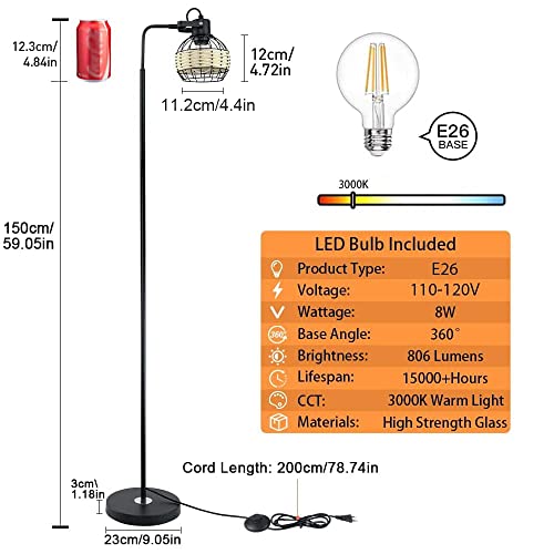 Dllt Led Floor Lamp, Adjustable Head Standing Lamp With Heavy Metal Based, Farmhouse Tall Rattan Floor Lamps Reading Lighting For Living Room, Bedroom, Study Room, Office, 8W 3000K E26 Bulb Included #TOP3