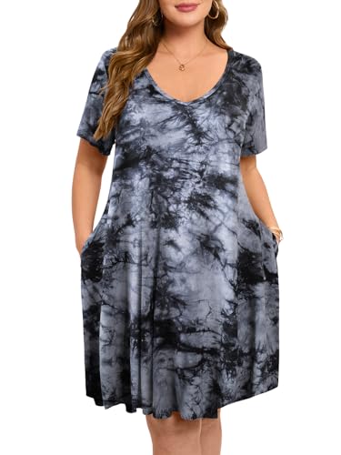 Image of ZENNILO Women's Plus Size Swing Dress with Pockets Casual Summer Dresses V Neck Short Sleeve T Shirt Dress for Women