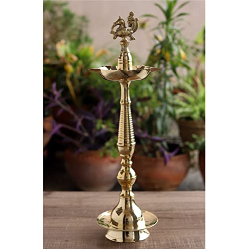Image of Indian Art Villa Pure Brass Shine Finish Stand /Pillar Diya /Deepak /Lamp /Lantern with Peacock Design, Pooja, Home Decor & Diwali Gift Item, Height-18 Inches