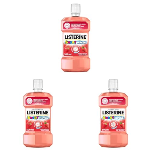 Listerine Enjuague Bucal Sin Alcohol para Niños, Smart Rinse, Sabor Frutos Rojos, Protección Anti Caries, Con Flúor, 500 ml (Paquete de 3)