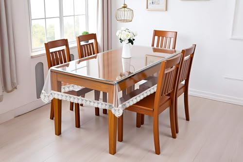 Image of The Furnishing Tree Rectangle Shaped 6 Seater Transparent Table Cover WxL 60x90 inches 0.25 mm Thickness with White Lace