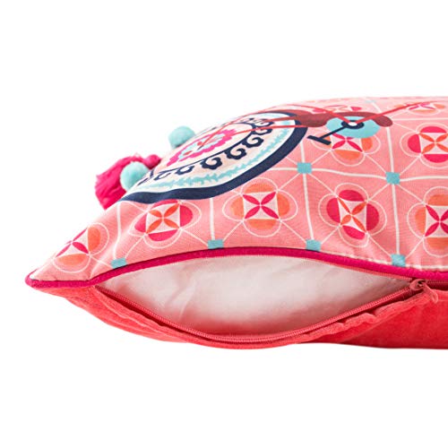 Image of Chumbak Cotton Boho Cycle Pom Pom Cushion Cover, 200 TC, 16 Inch Decorative Throw Pillow Cover, Pink Sofa Cushion for Living Room & Bedroom Decor
