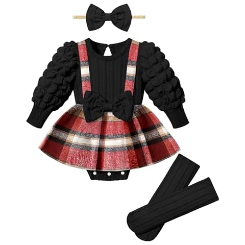 Queenstyle Baby Girl Clothes 3-6 Months Baby Clothes for Girls Puff Sleeve Romper Cute Infant Girl Clothes Red Plaid Jumpsuit Baby Girl Fall Winter Outfits Baby Girl Christmas Outfit Cover