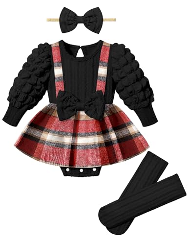 Queenstyle Baby Girl Clothes Dress Fall Winter Outfits Set Puff Sleeve Plaid Romper with Headband Stockings