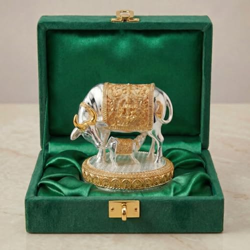 Image of 24K Gold and 999 Pure Silver Plated Kamdhenu Cow Idol - 3.5 Inch Auspicious Vastu Home Decor for Pooja Room and Mandir - Sacred Two-Tone Symbol of Prosperity and Success