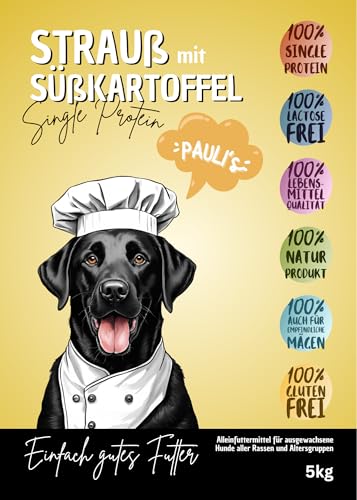 PAULI's Trockenfutter Low-Fat Strauß & Süßkartoffel für Hunde| Naturprodukt| geringer Fettanteil nur 9,5%| Single Protein| Getreidefrei| ohne Zusatzstoffe| bei Unverträglichkeiten geeignet| 1x5Kg