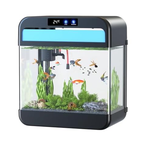Fish Tank Aquarium 2.2 Gallon Fish Bowl with Humidifier 7 Color Auto-Looping Light 3 in 1 Pump with Filteration & Oxygenation & Circulation, Temperature Display, HD Float Glass, Thickened Base Cover