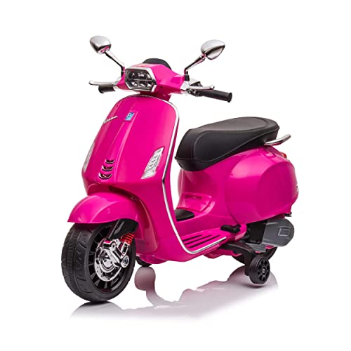 Baroni Home Elektroroller für Kinder mit Rädern, Elektro Kindermotorrad Vespa, Elekromotorrad 12 V mit MP3, Geschwindigkeit 3-5 km/h, Rosa