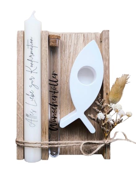 Alles Liebe zur Konfirmation - Geschenkset - Kerze Stabkerze - mit Reagenzglas (Wunscherfüller) für Geldgeschenk Gutschein - mit Fisch Kerzenständer - in Holzbox Holzverpackung - Geschenk - Kirche