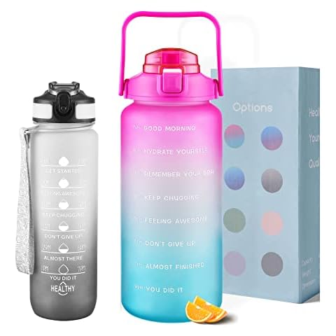 VOGVOG 2 Pack Water Bottles 64 Oz + 27 Oz, Sport Water Bottle with Straw & Time Marking,Gym Drinks Bottle, Half Gallon Motivational Water Jug for Women, BPA Free Cover